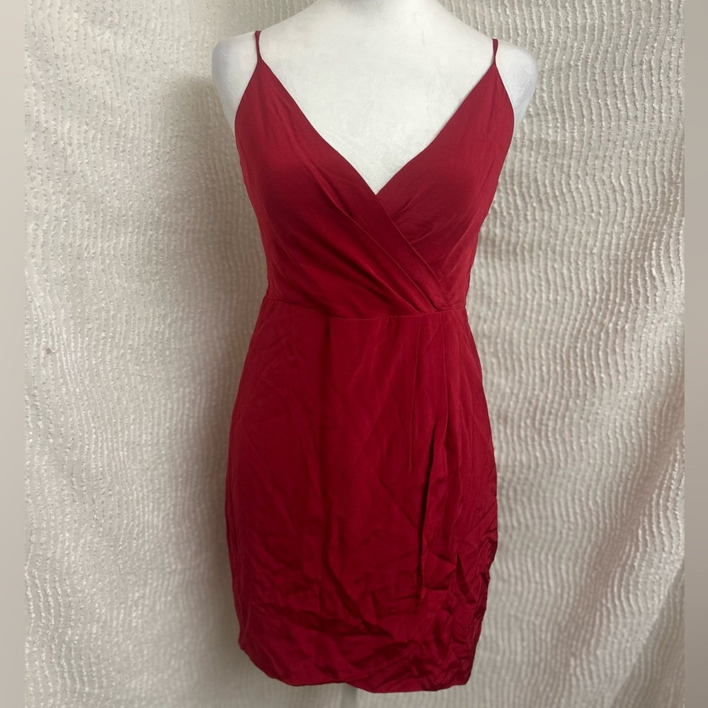 Red Satin Dress Lavender Brown Size Small NWT Raspberry Crossover Faux Wrap